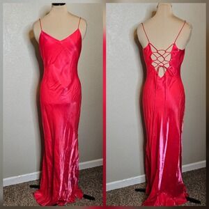 Vintage Y2K Niki Livas Hot Pink Shimmer Satin Lace Up Back Maxi Slip Dress 8